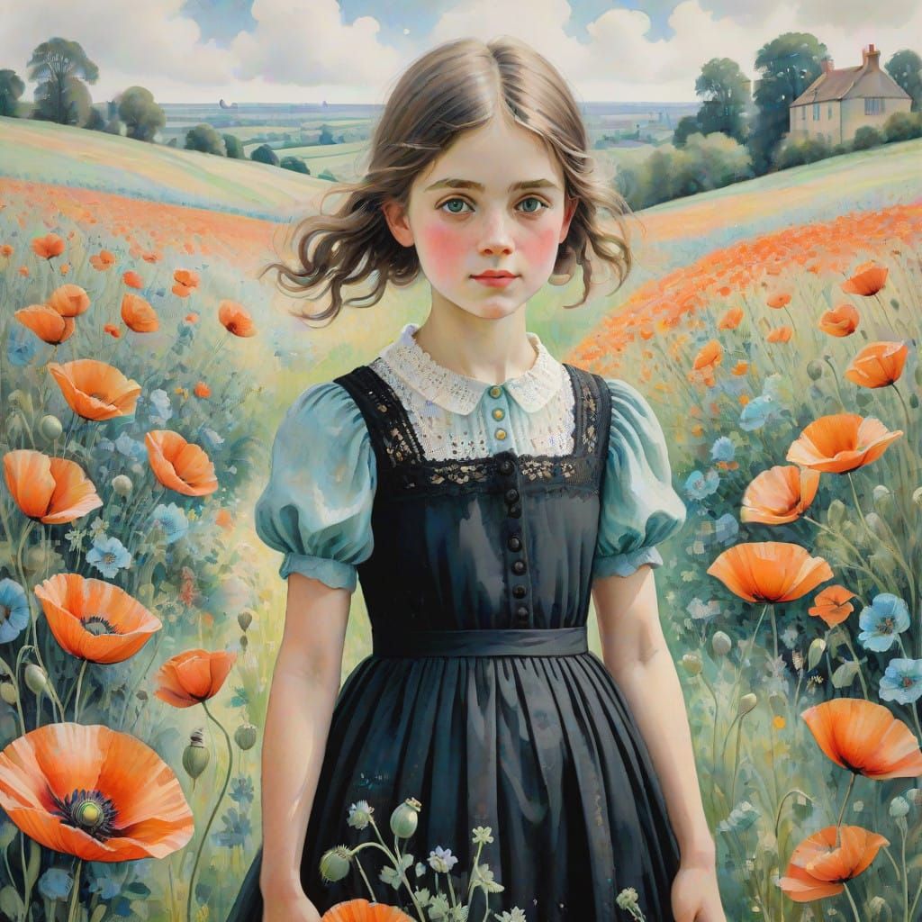 Delicate Watercolour Portrait of a Young Girl Amidst Vibrant...