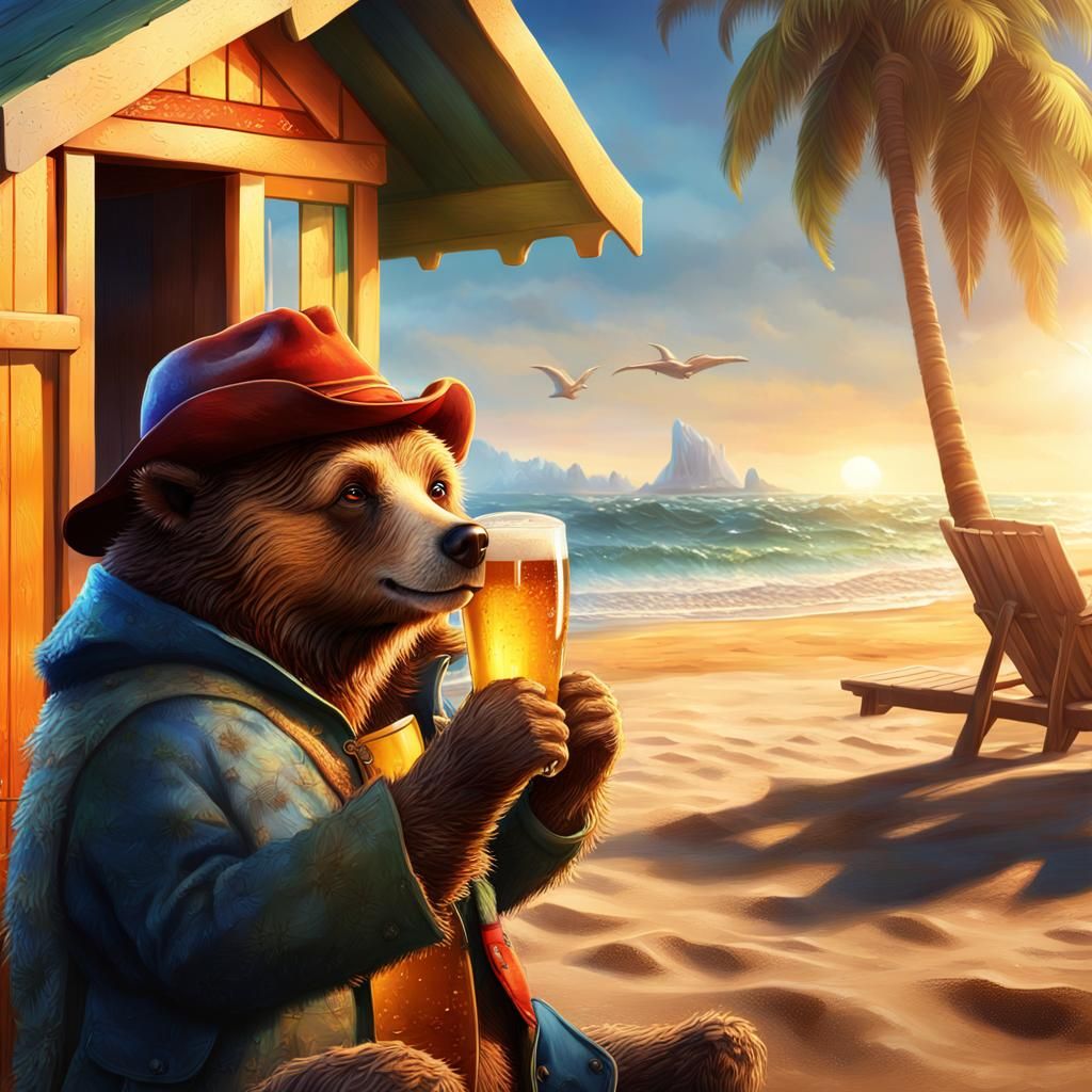 Paddington Bear Sipping Beer: Hyper-Realistic Beach Scene