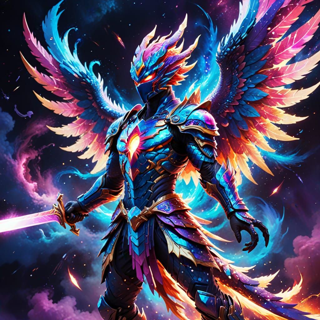Cosmic Phoenix-Dragon Swordsman Soars Through Vibrant Nebula