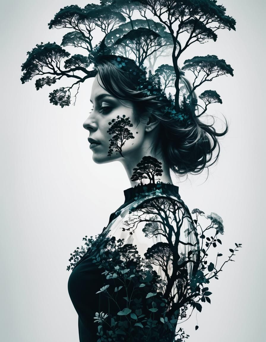 Silhouette Double Exposure with City and Nature