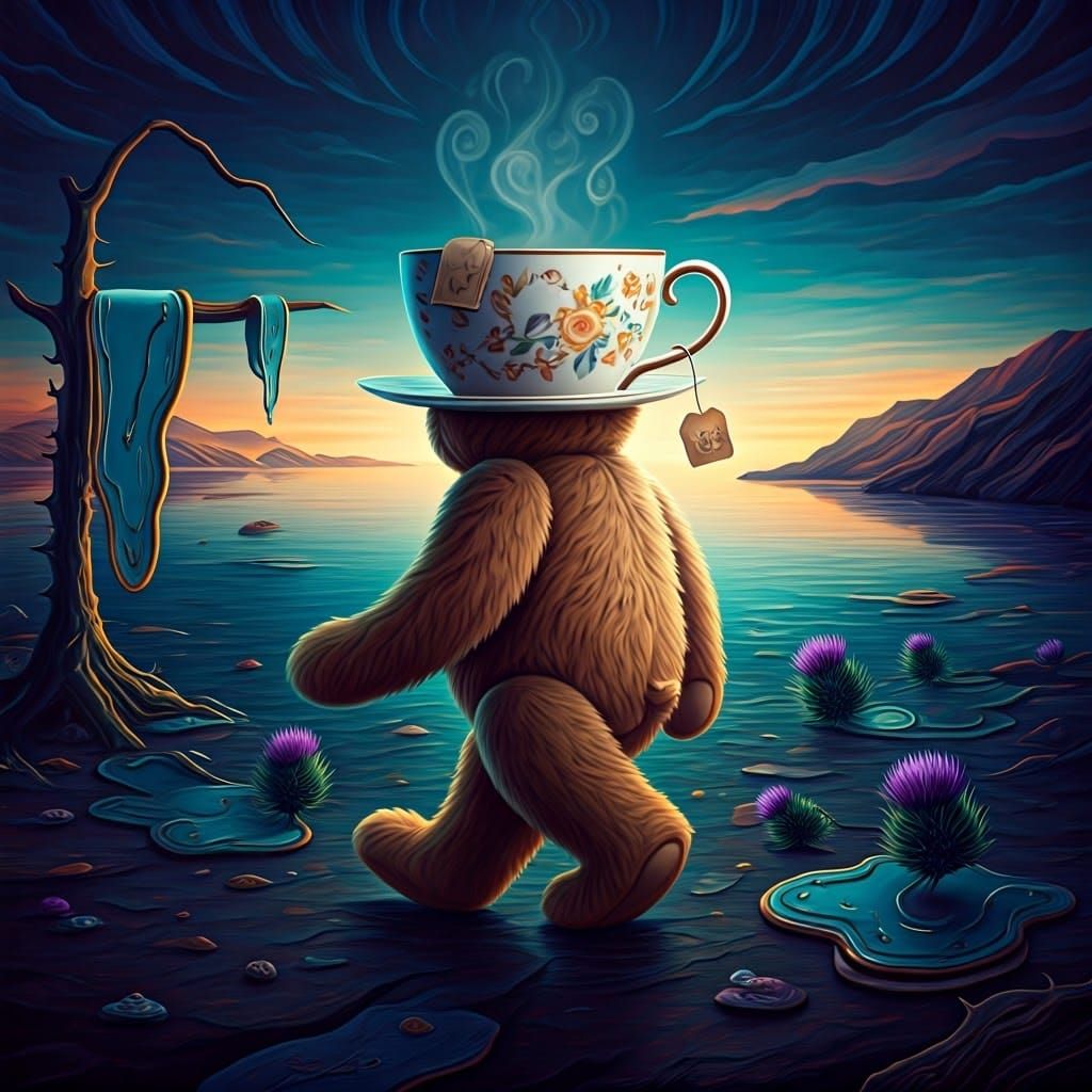Surreal Teddy Bear with Teacup Hat in Dali Landscape