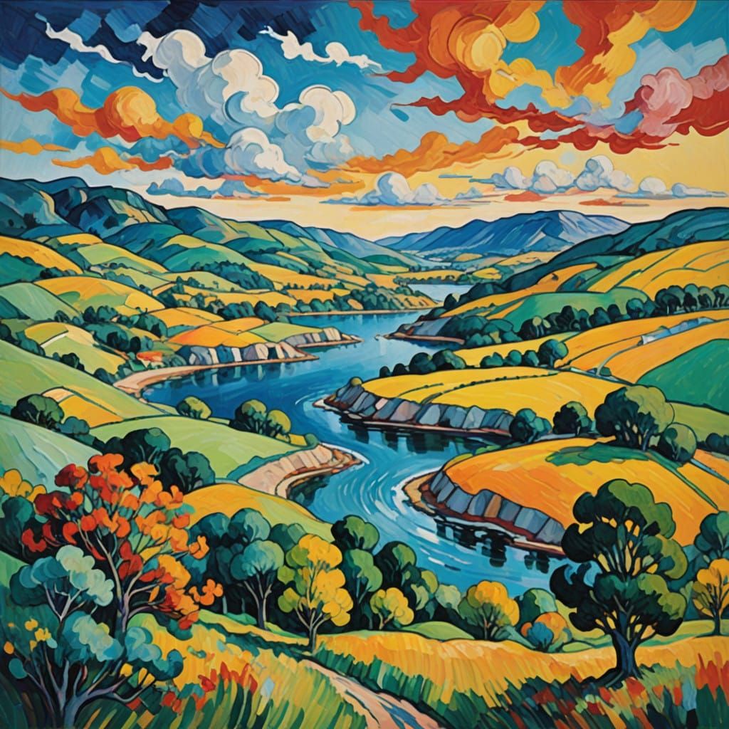 Dynamic Impasto Coastal Landscape in Fauvist-Expressionist S...