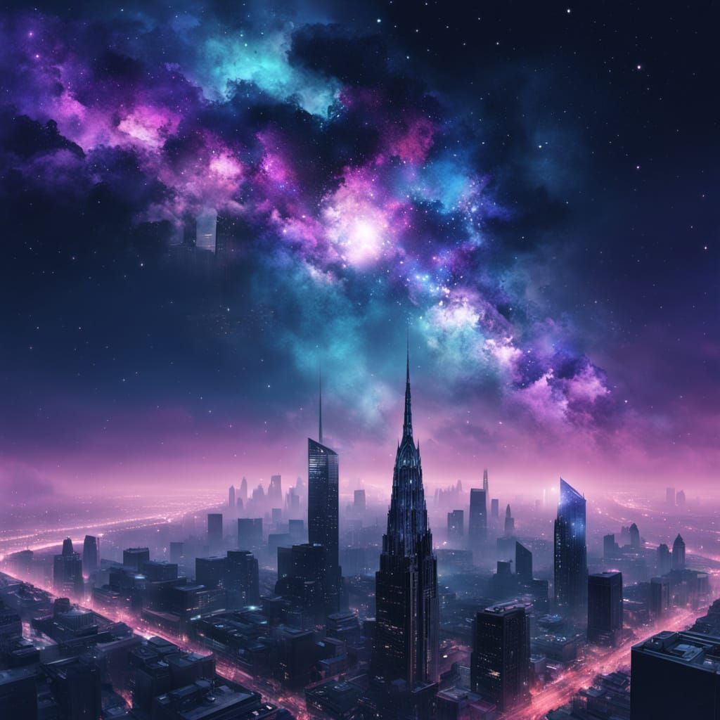 Cosmic Surrealism: Swirling Galaxies Meet Urban Skyscrapers