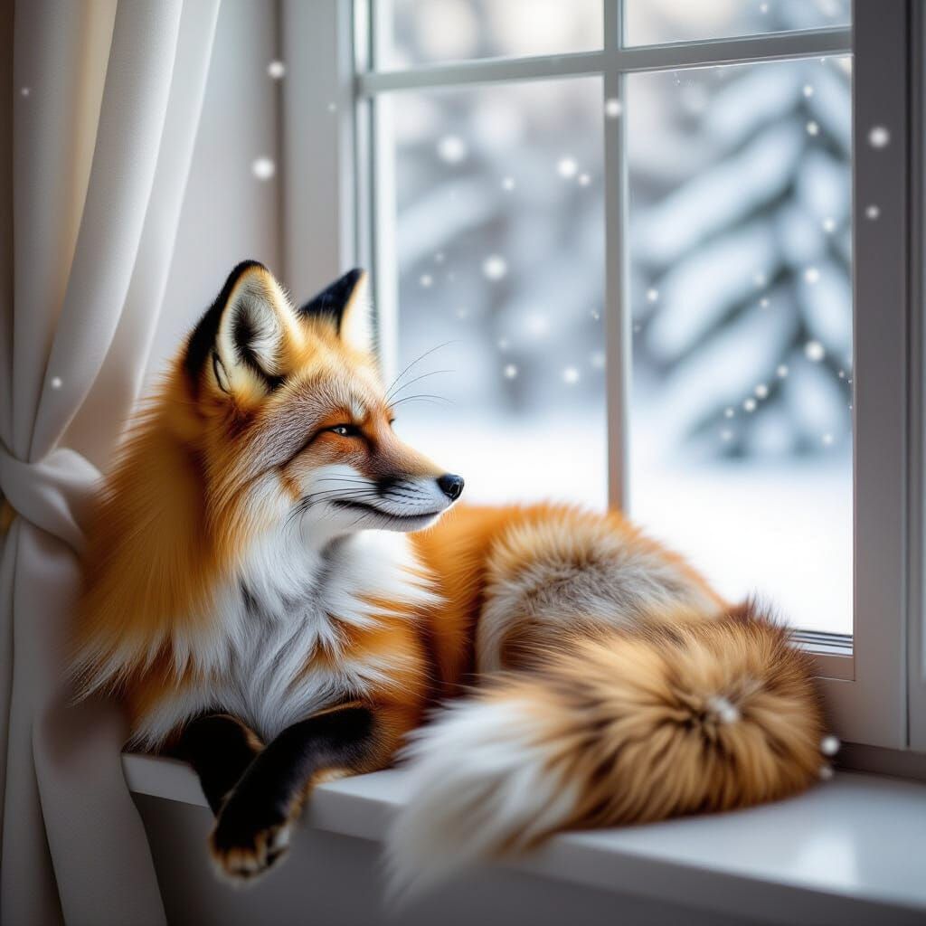Serene Fox Rests on Windowsill in Crisp Winter Light