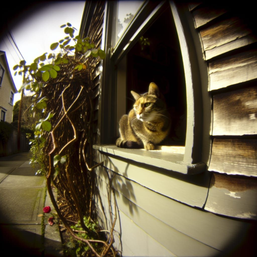 Victorian Cat Contemplates Rose Bush Maze in Warm Evening Li...