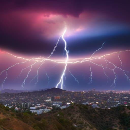 Psychedelic Lightning Strikes Hollywood Sign at Dawn