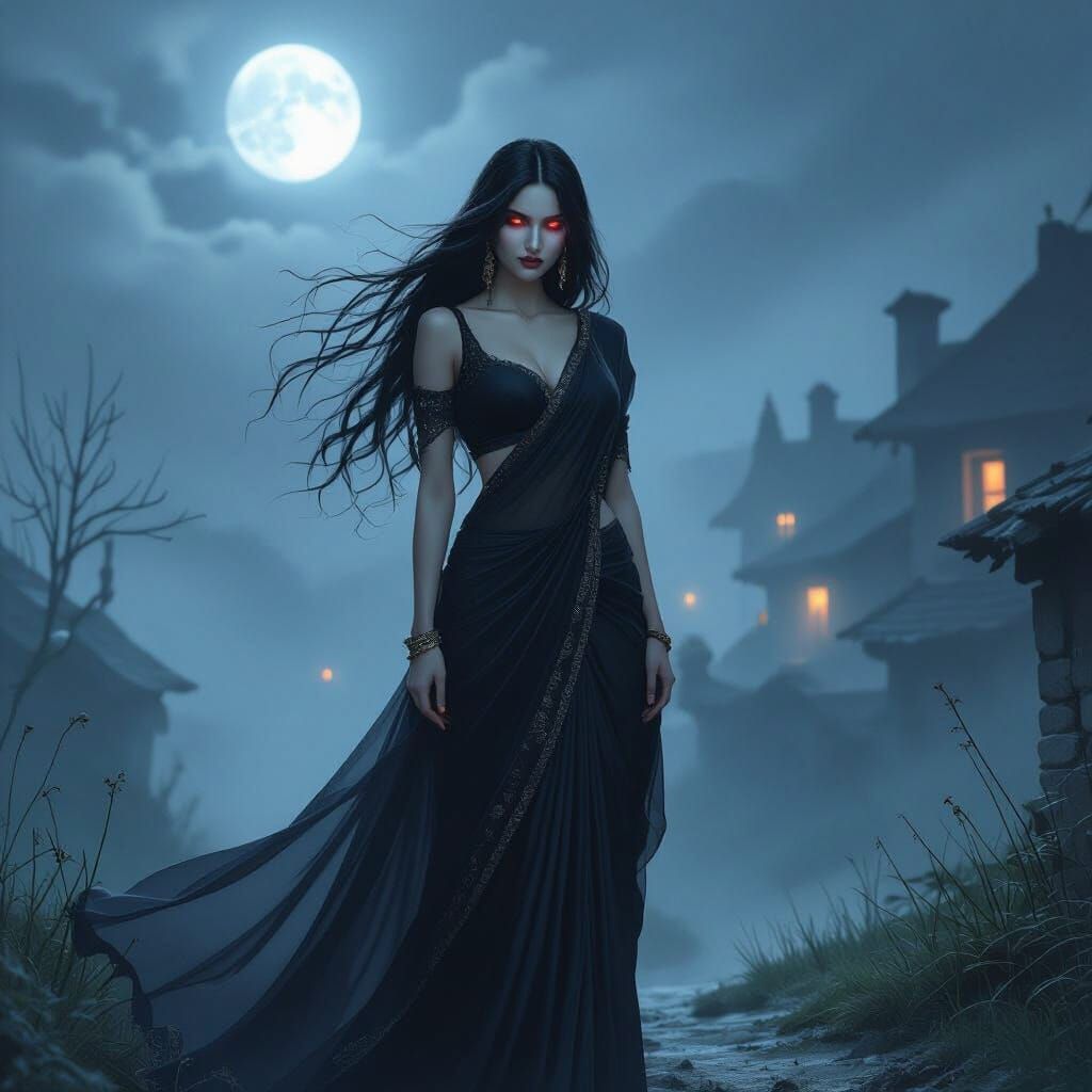 Eerie Woman at Village Edge in Gothic Style