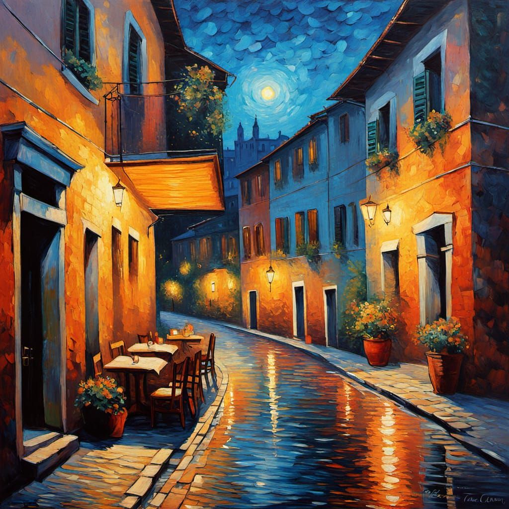 Whimsical Italian Village Street Scene in Impressionist Styl...