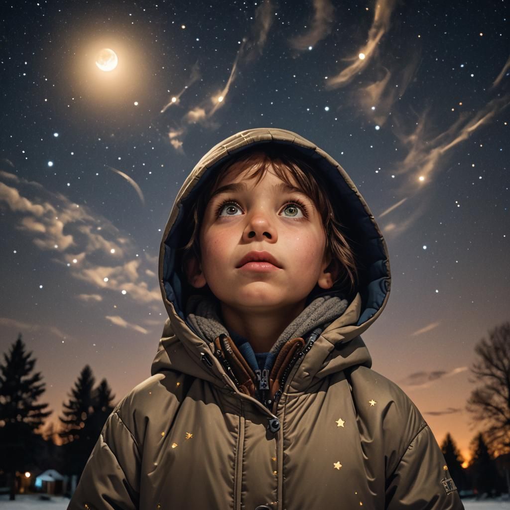 Child Stargazing Under a Moonlit Sky