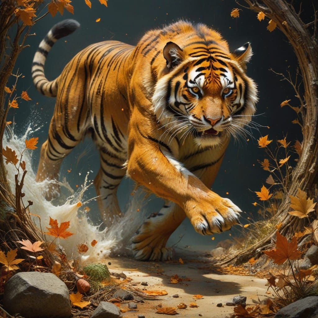 Hyperrealistic Tiger Emerges from Autumn Landscape
