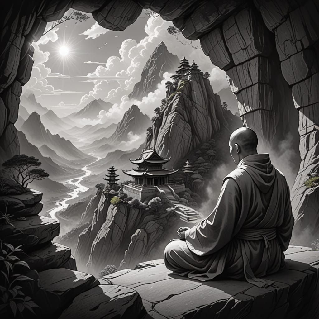 Monk Meditating in Mountain Temple: Pencil Sketch