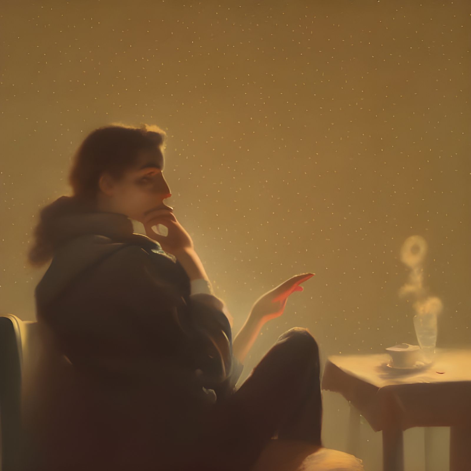 Woman in Cafe: Steaming Tea in Photorealistic Style