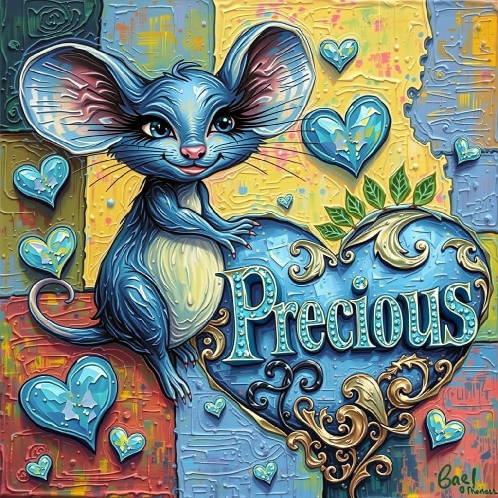 Impasto style. A slate blue and ivory baby mouse with a swee...