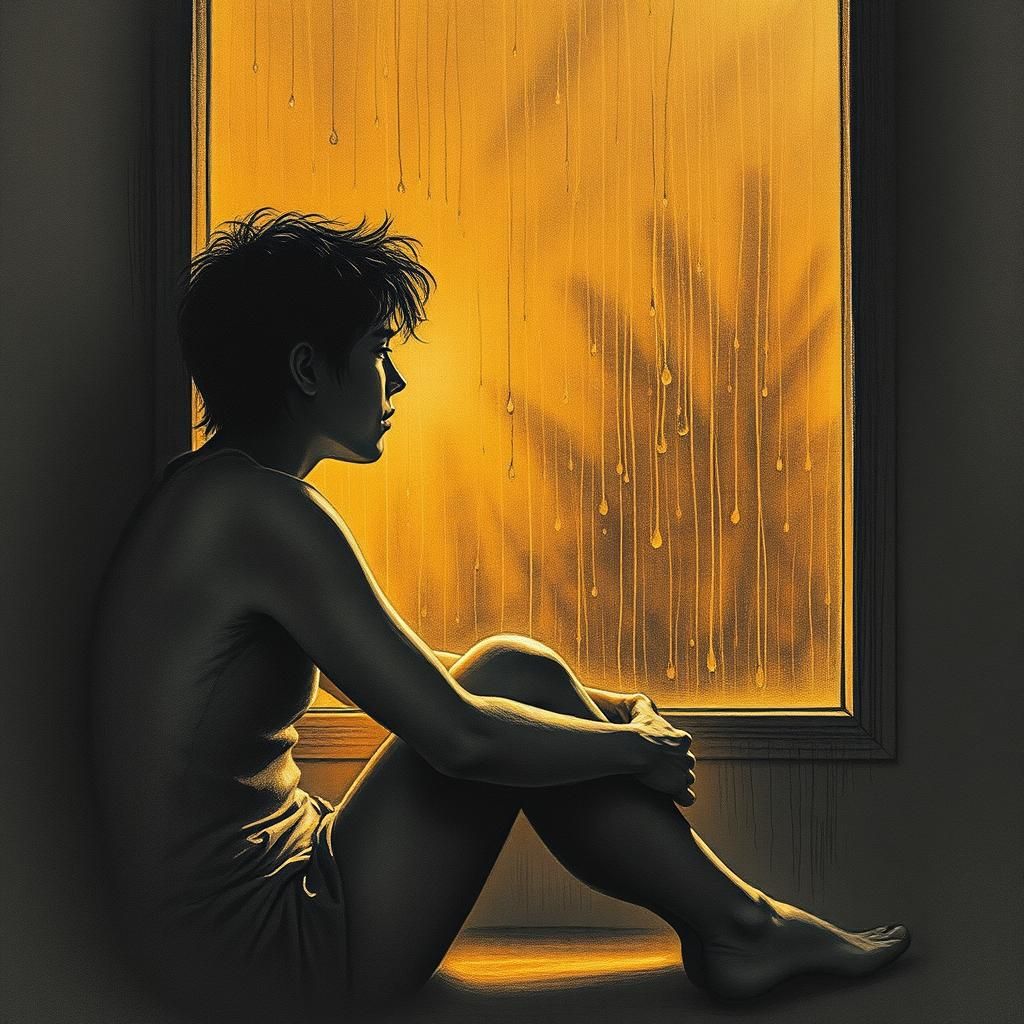 Contemplative Figure in Rainy Window: Charcoal Drawing