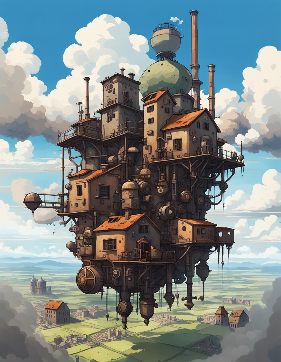 Floating Factory in Dystopian Anime Landscape