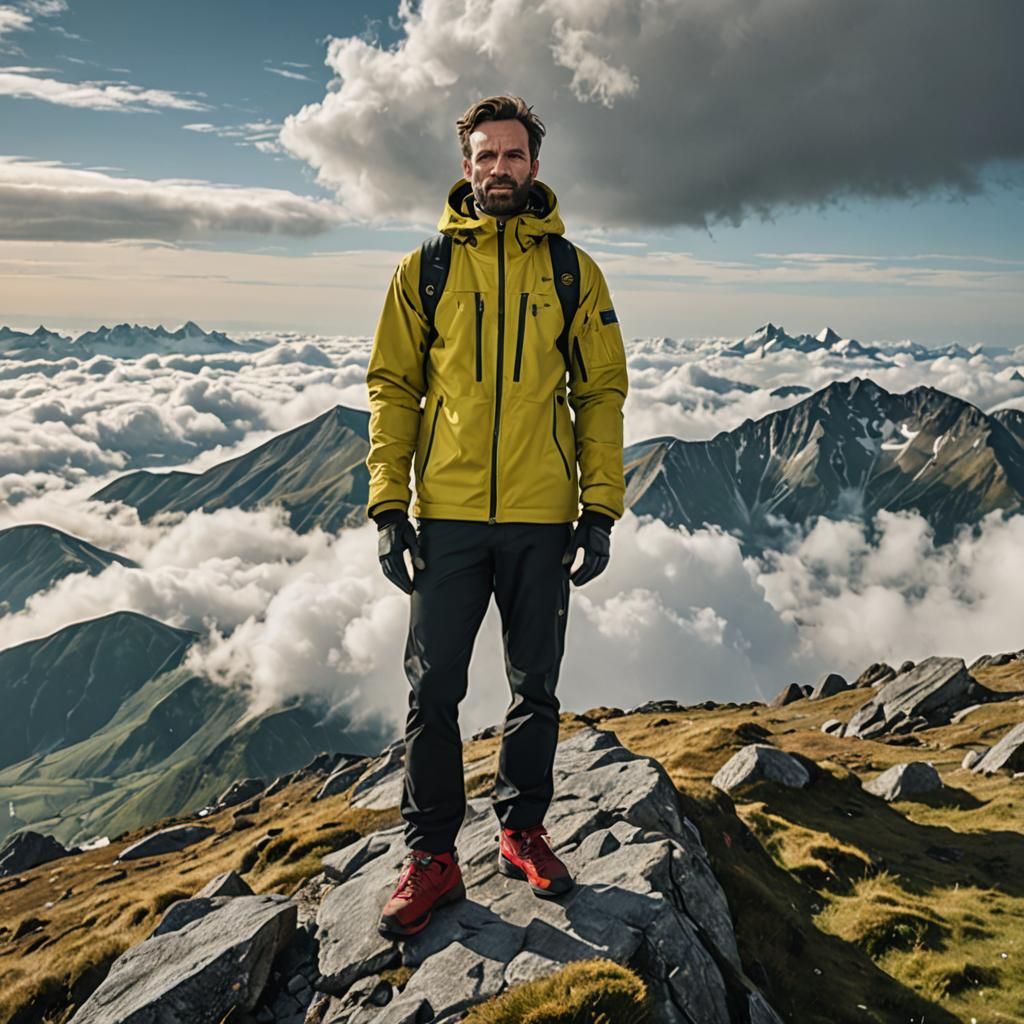 Man on Mountain Above Clouds in Solarpunk Style
