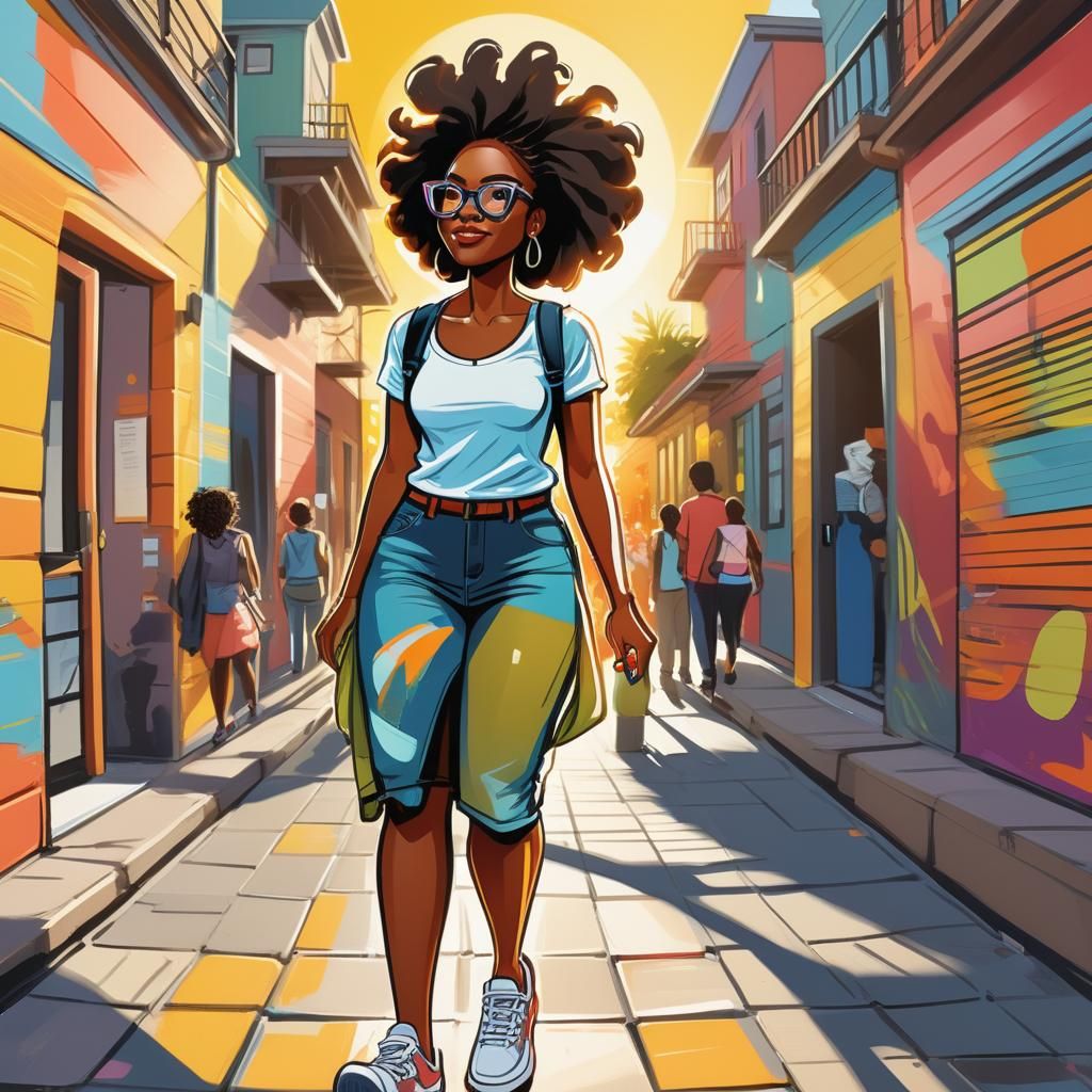 Vibrant Caricature of a Happy Black Girl Strolling Down a Su...