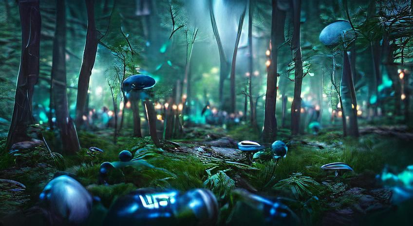 Glowing Blue Lights in Moonlit Mushroom Forest