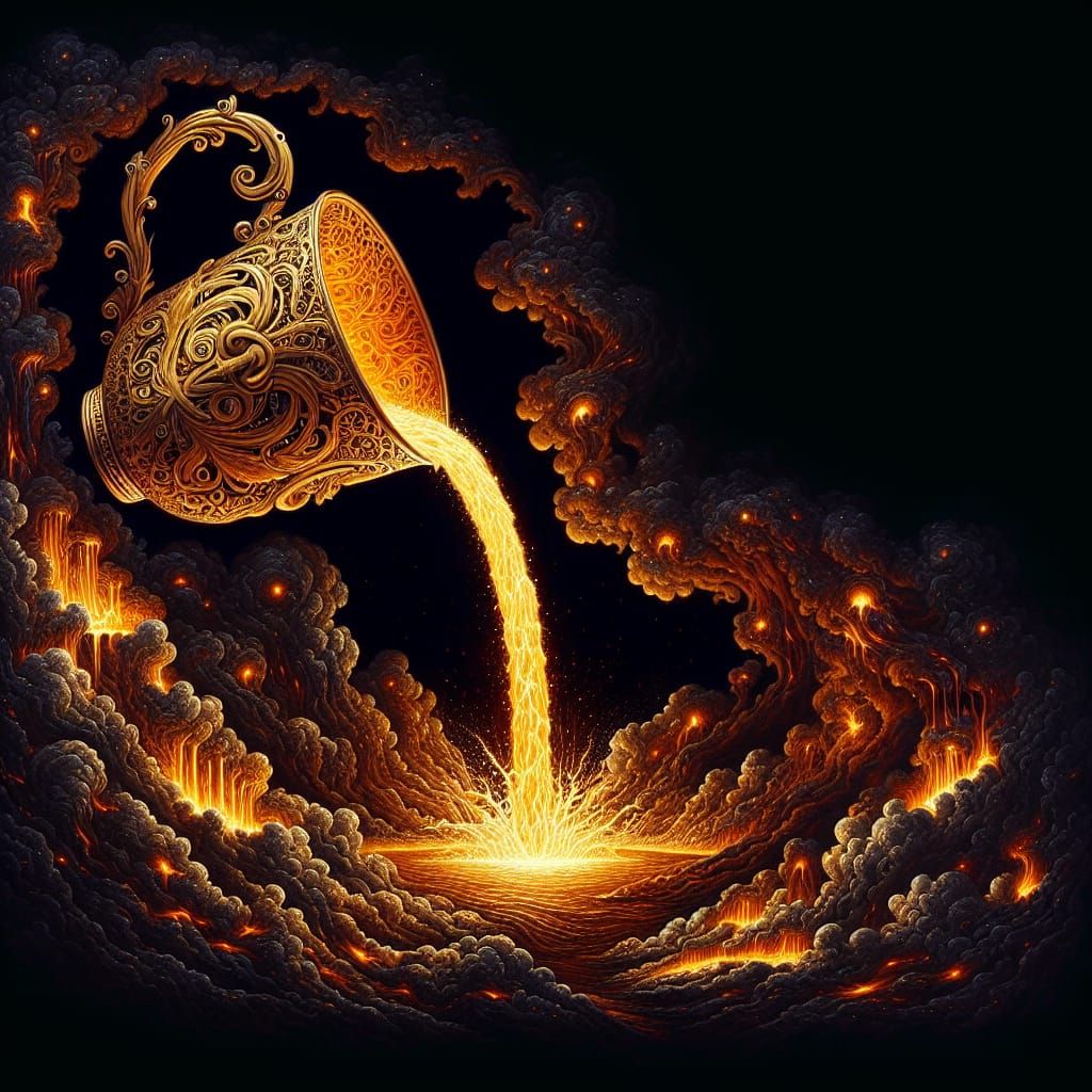 Golden Coffee Mug Pouring Lava in Dark Sky