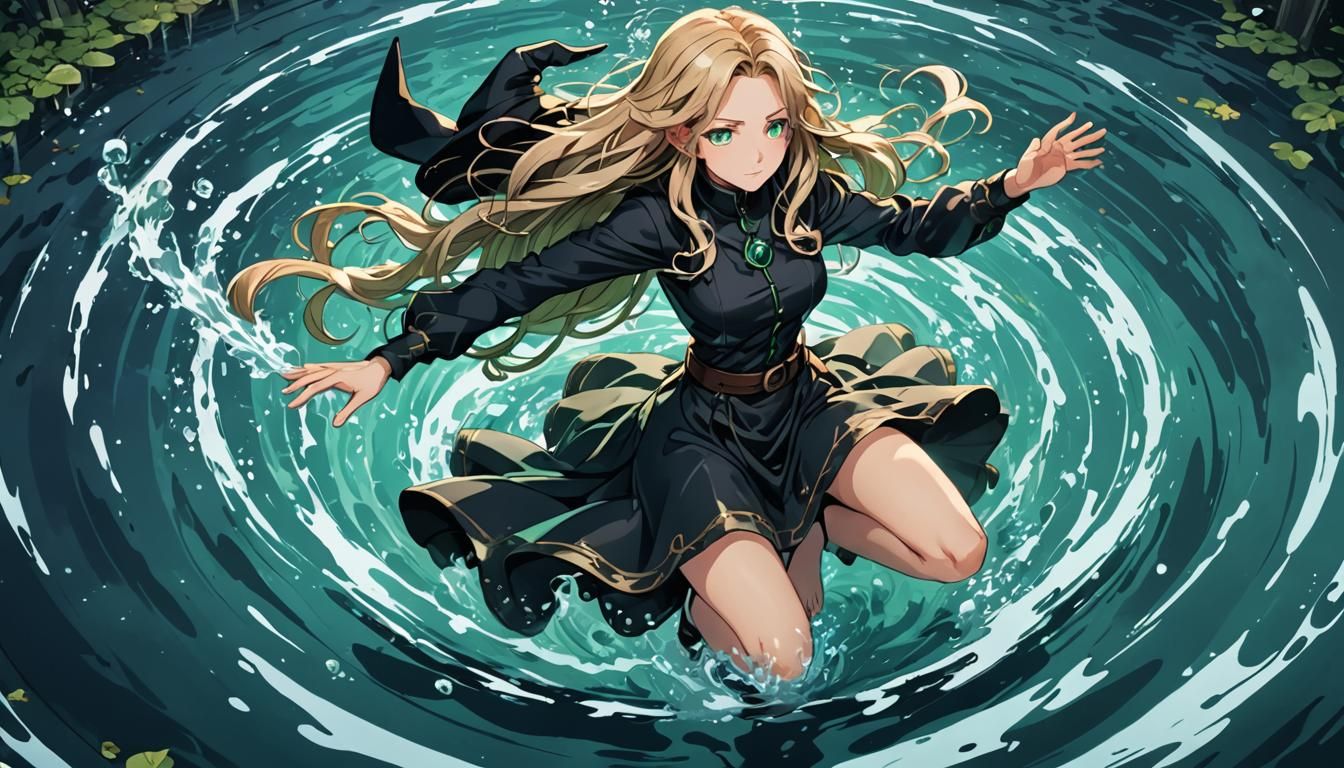 Anime Style Witch with Magical Water Whirlpool