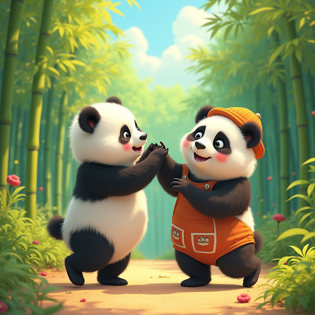 Cute Pandas Playing in Bamboo Forest, Animated Style