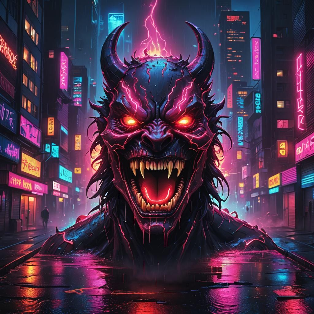 Neon Demon in Synthwave Retro Cityscape
