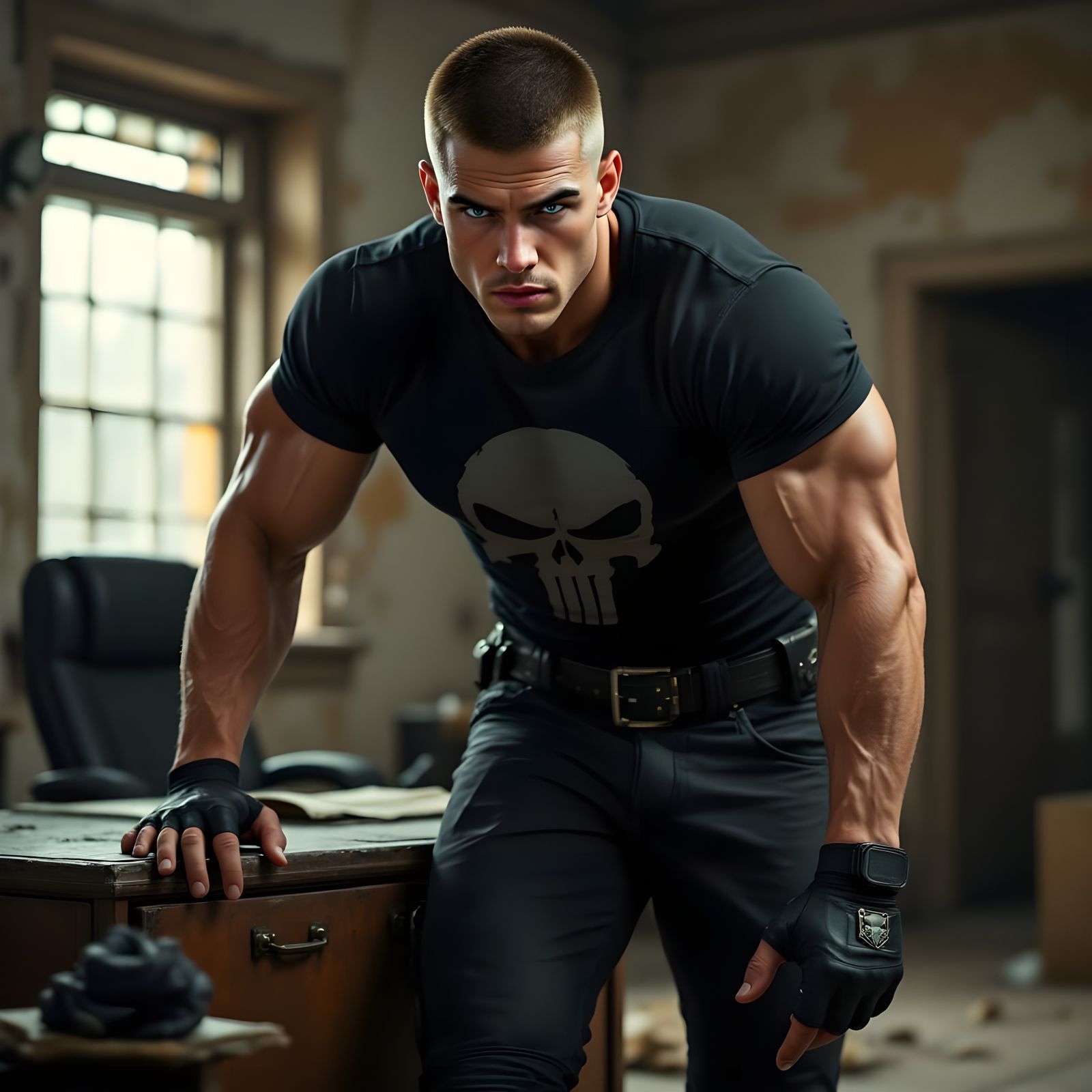 The Punisher's Intense Gaze in a Desolate Abandoned Office