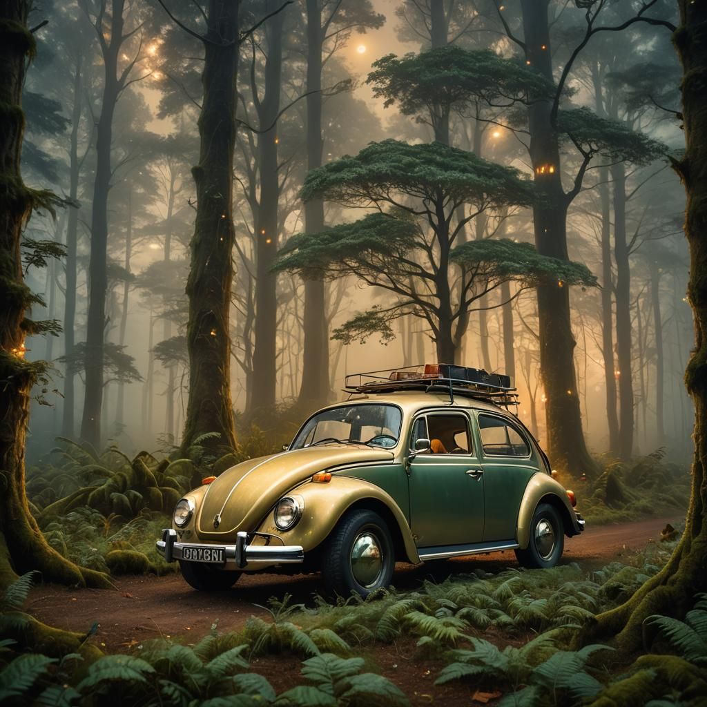 Ethereal VW Beetle Campervan in Whimsical Forest Scene