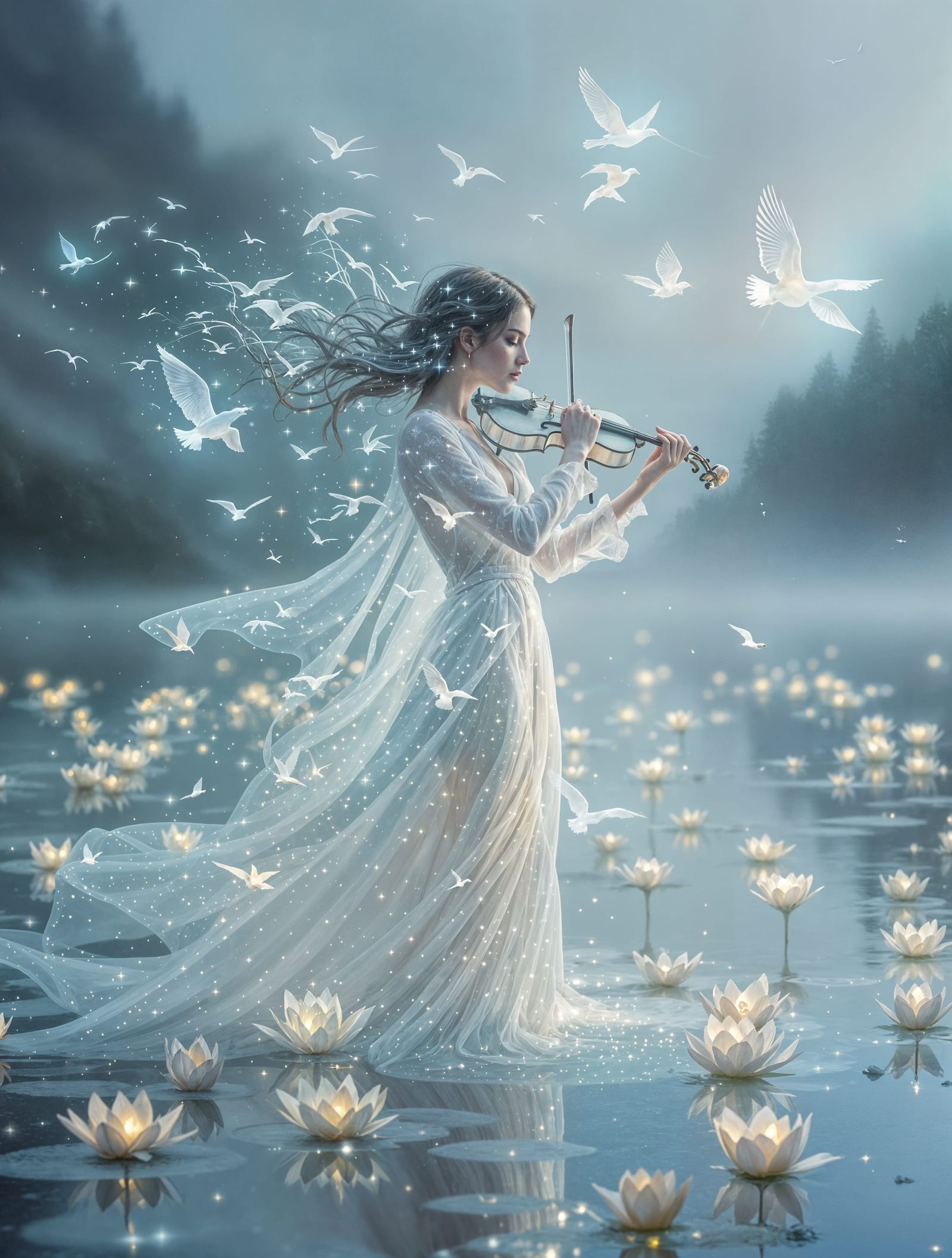 Ethereal Norwegian Violinist in Rippled Glass and Ink Wash