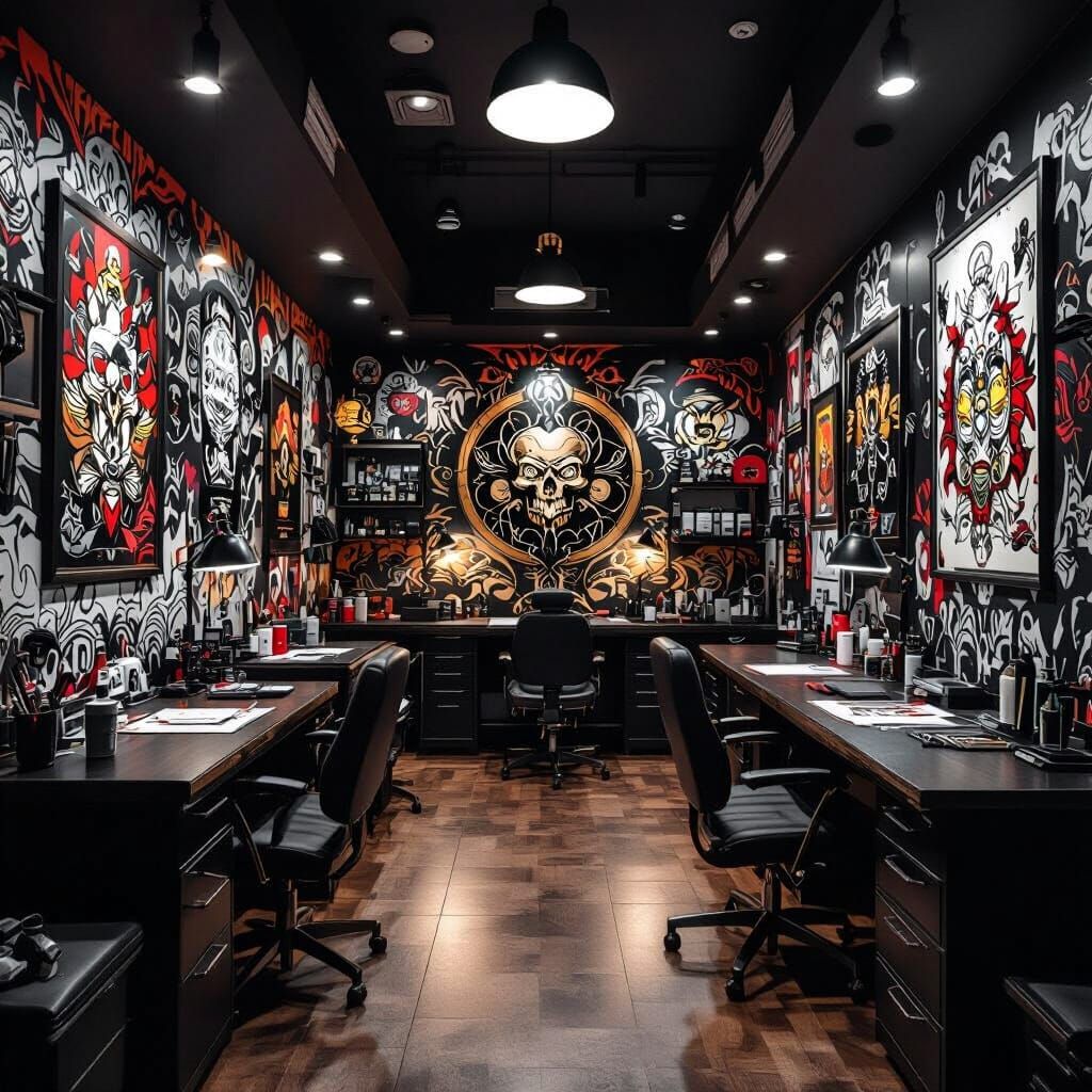 Hyperrealistic Tattoo Studio Interior with Moody Lighting
