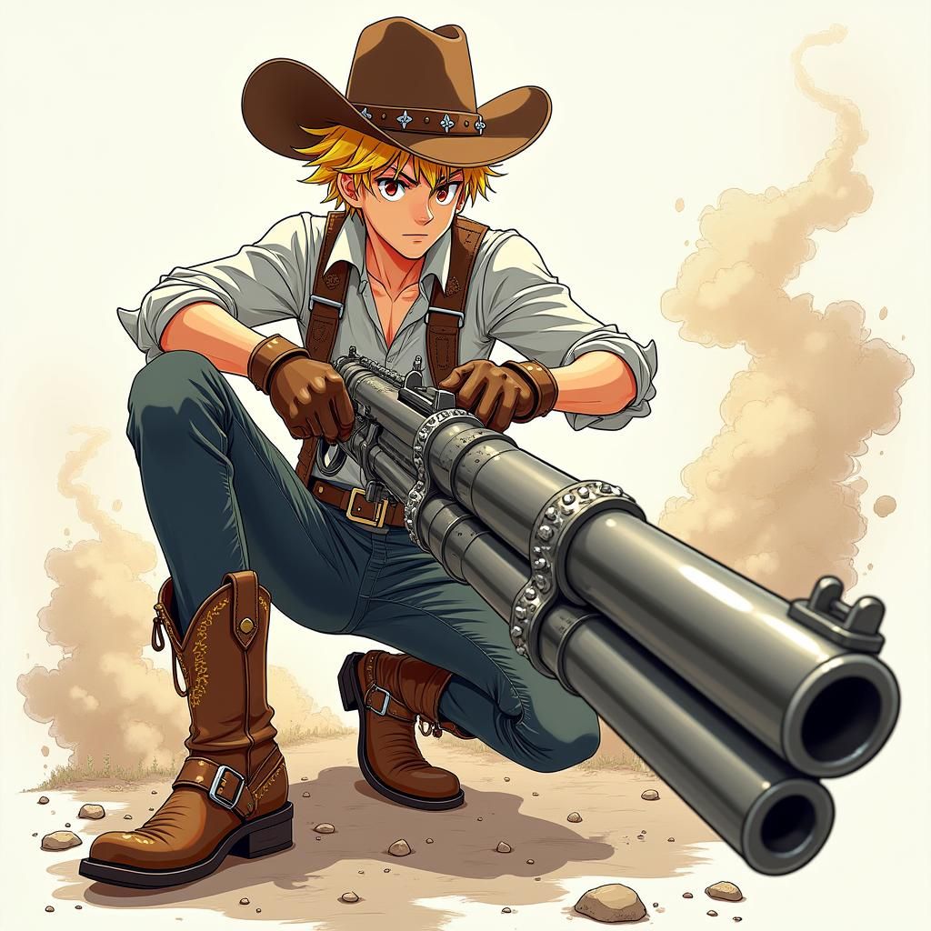 Anime Cowboy Wields Machine Gun in Manga Style