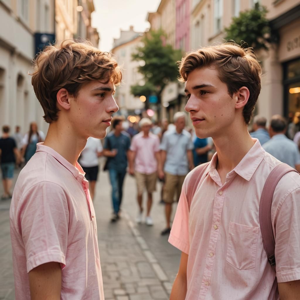Teenage Boy in Pink Dress: Street Photography Portrait