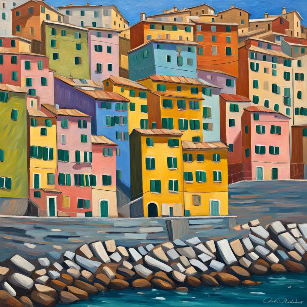 Ligurian Houses in Boccadasse: A Neo-Impressionistic Seascap...