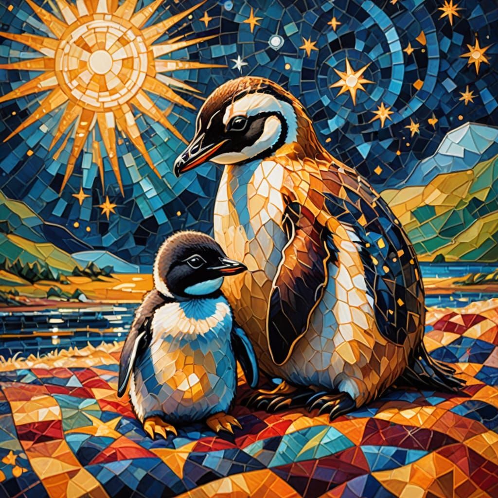 Macro photography. A tiny, fluffy fawn snuggles with a baby penguin on an embroidered quilt with images of constellation...