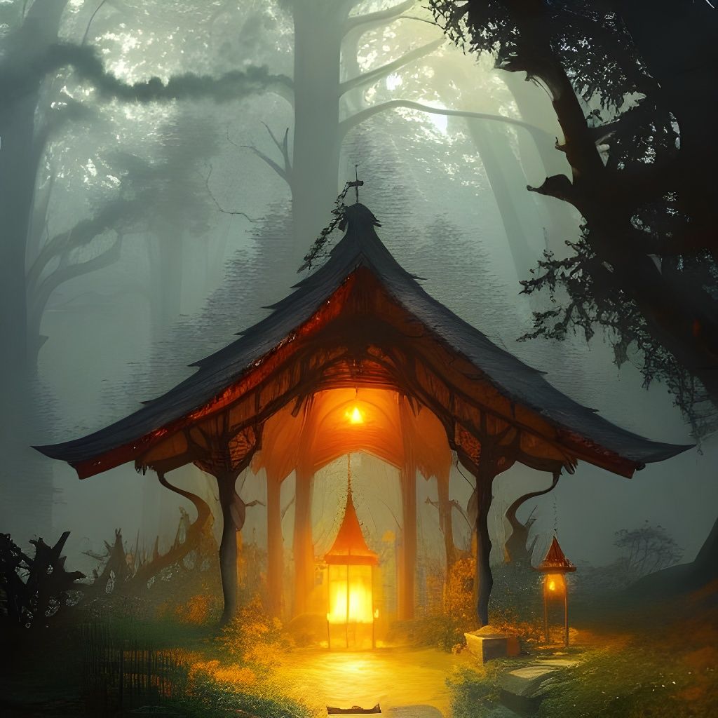 Fantasy Shrine in Magical Forest, Watercolour Illustration