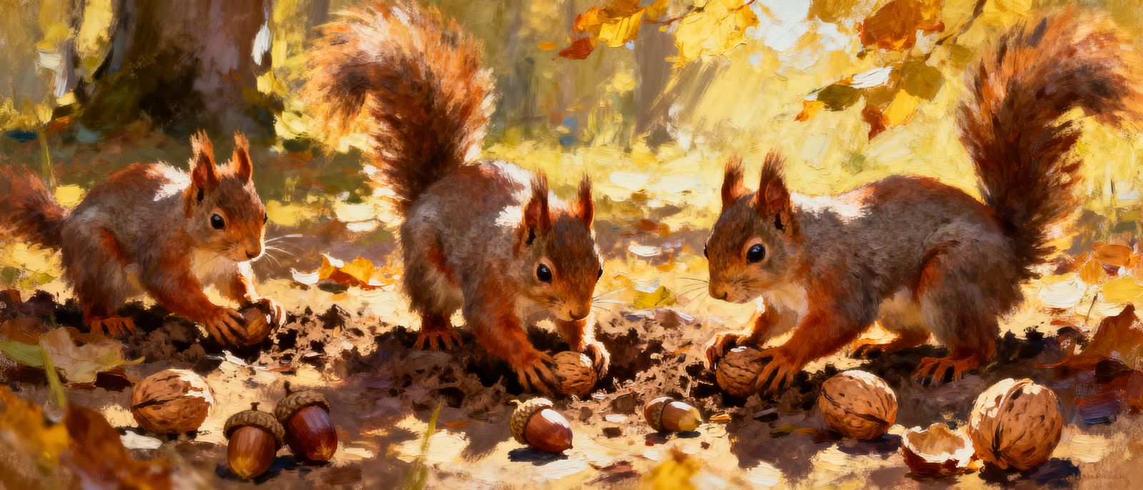 Impressionistic Squirrels Burying Nuts in Sunlit Forest