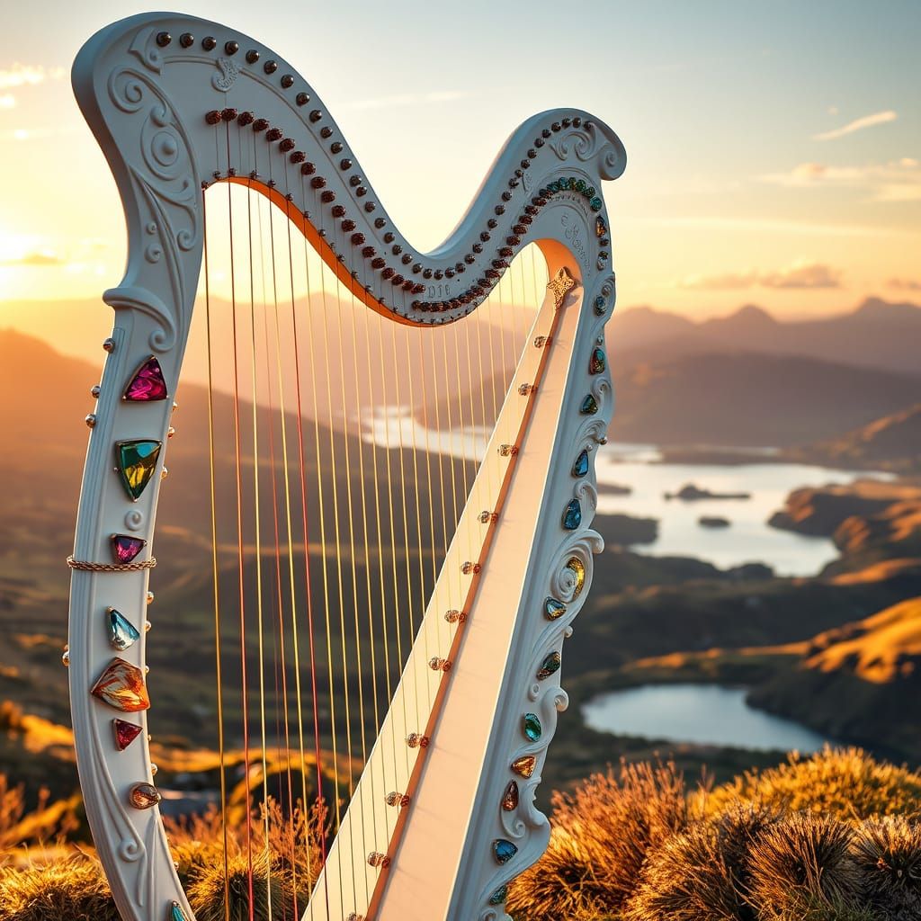 Hyper-Realistic Highland Harp in Golden Light