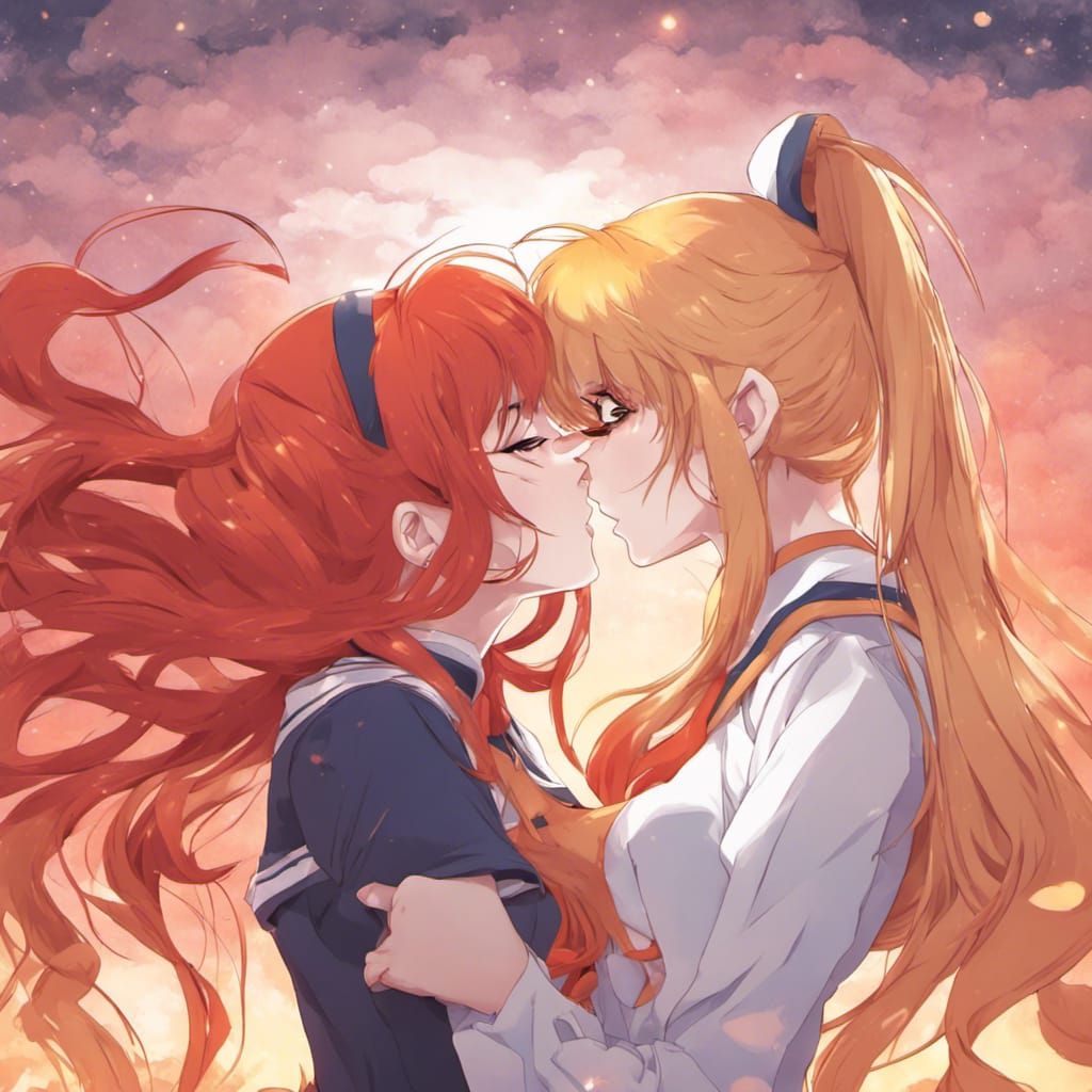 Red-Haired Girl Kisses Sailor Venus in Anime Style