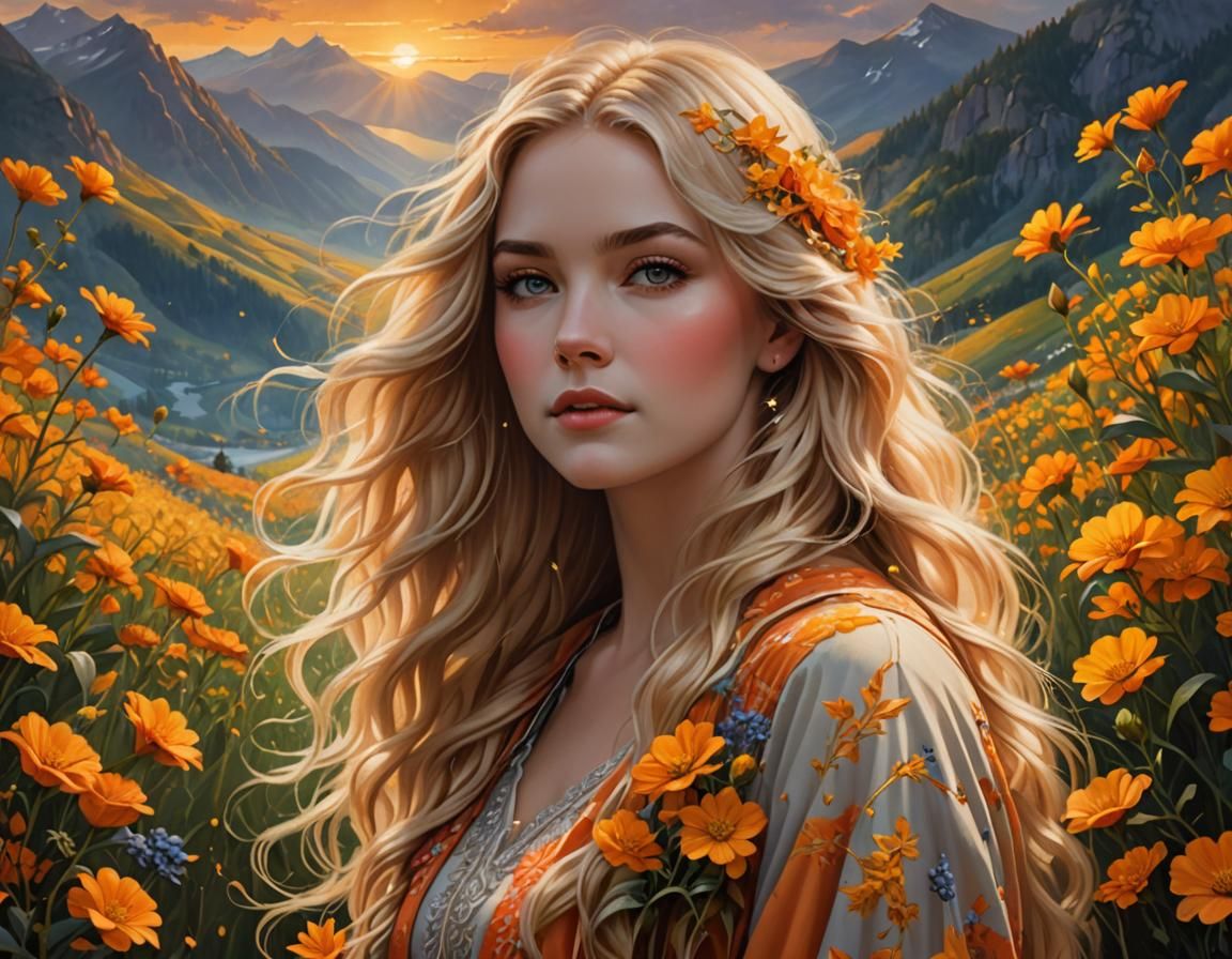 Ethereal Woman Portrait in a Flower Field