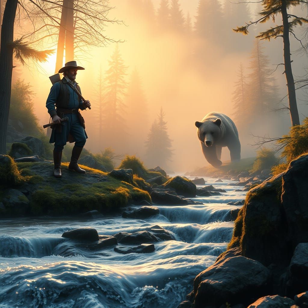 Frontiersman Stands Tall Against Majestic Bear in Dawn-Lit W...