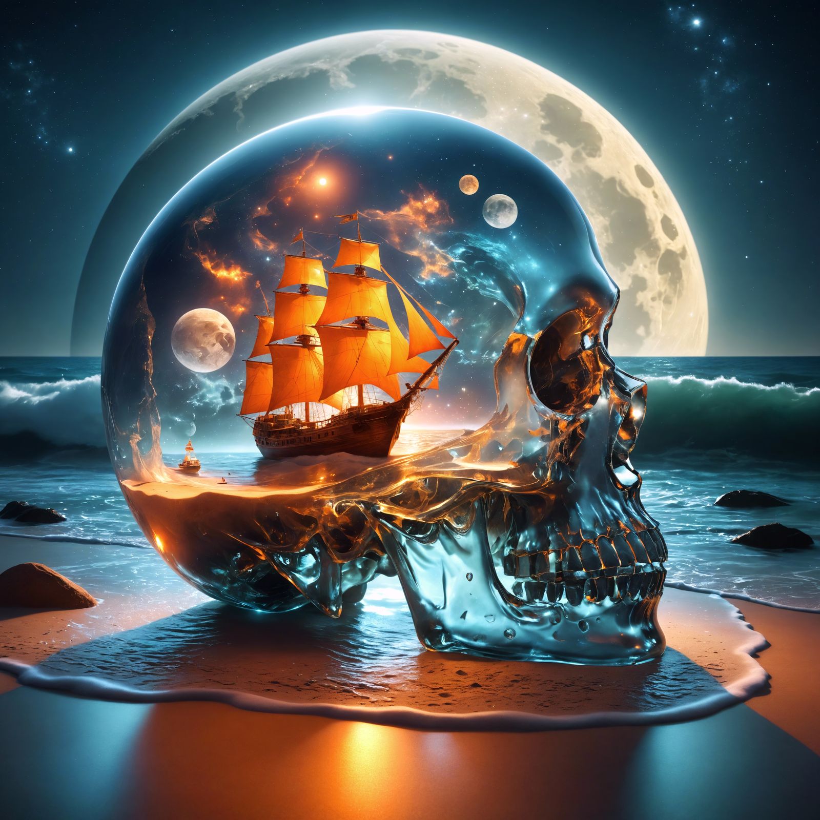 Crystal Skull Containing Magical Ship in Dreamlike Scene