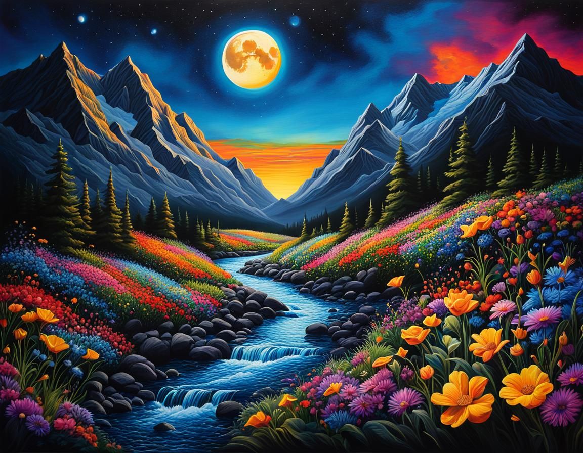 Blacklight Mountain Landscape in Oil, Watercolor, and Ink