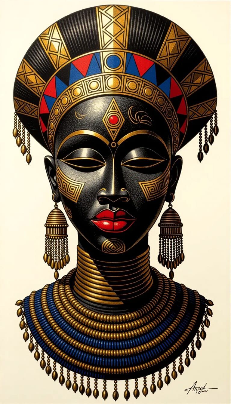 Ornate African Mask Charcoal Drawing