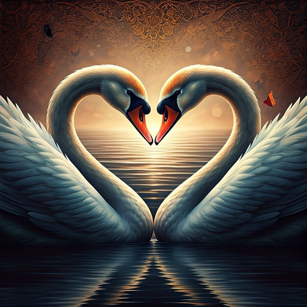 Surreal Swans Form Heart Shape on Faded Lake Landscape