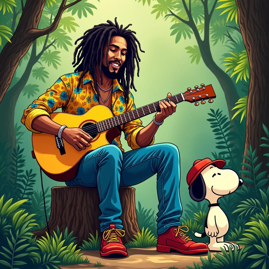 Bob Marley, Snoopy, and Hobbes in Colorful Comic Art
