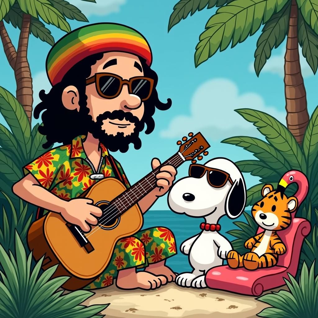 Bob Marley, Snoopy and Hobbes in Tropical Dreamscape