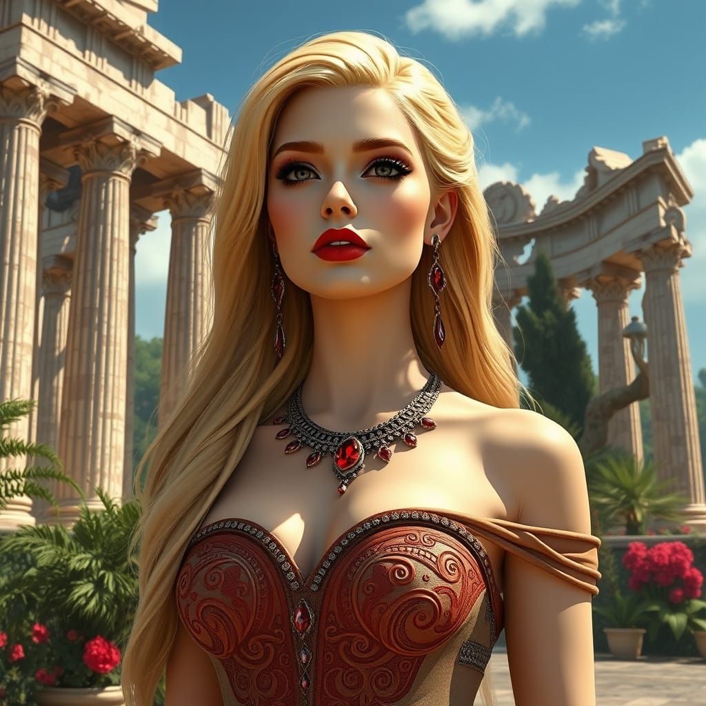 Regal Goddess in Greek Temple Setting, in Detailed Matte Pai...