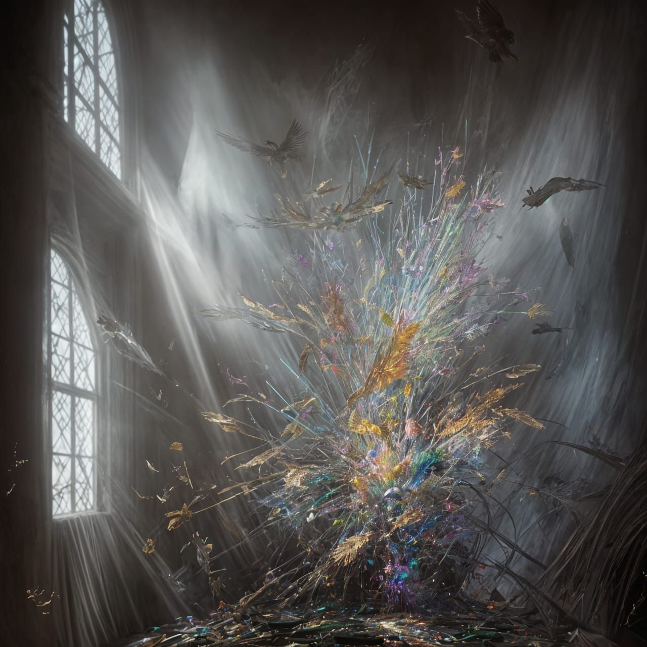 Abstract Illusionism Sculpture with Luminous Particles