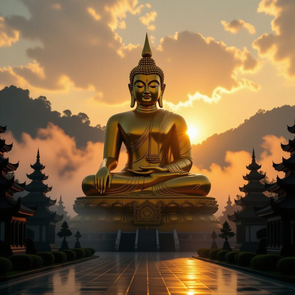 Giant Golden Buddha Statue Before Misty Temple