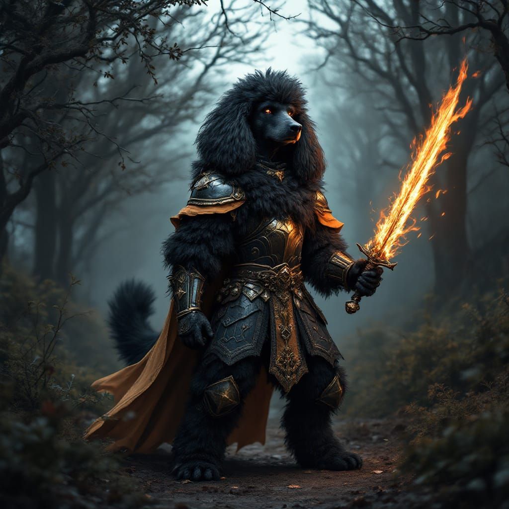 Black Poodle Warrior with Flaming Sword
